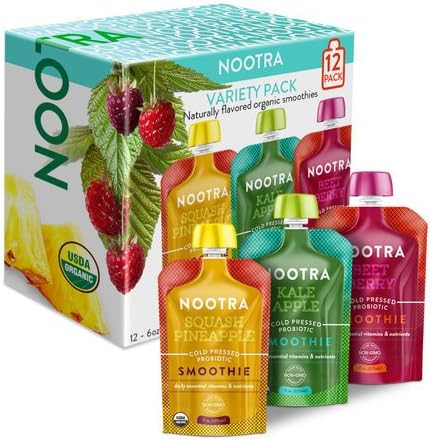 Nootra Probiotics - USDA Organic Cold Pressed Vegan Probiotic Smoothie Packed with Non GMO Fruit and Veggies. Kids and Adult Approved 6oz Squeeze Pouches for Easy Drinking On-the-Go (12 Pack Variety)
