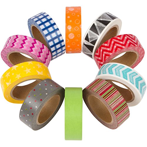 DIY Crew Washi Tape, Pack of 10. Colorful Decorative Paper Tape Set with Geometric Pattern Designs Cute Colored Collection