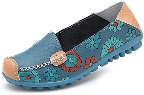 Fidella Women Bright Color Casual Flower Printed Slip On Leather Flat Pumps Shoes blue
