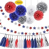 HEARTFEEL 30pcs Patriotic Tissue Paper Pom Pom Silver Navy Blue Red White Tassel Garland Party Decorations (Navy Blue Red Silver White)