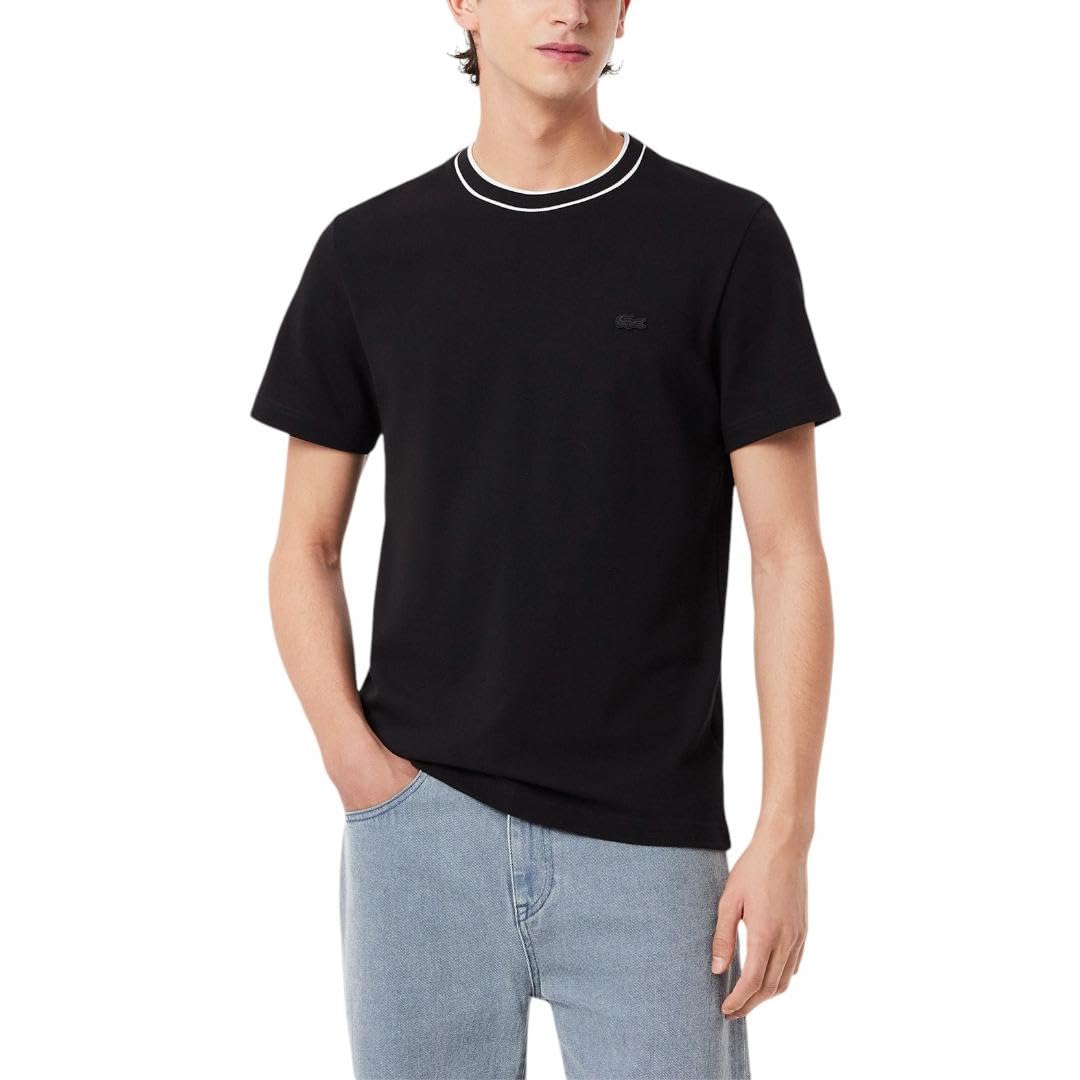 Lacoste Men’s Stretch Piqué Stripe Collar T-Shirt, Black, Medium