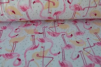 Qualitativ hochwertiger Sommer Frottee, Sweatshirtstoff mit Flamingos auf Ecru als Meterware zum Nähen von Baby und Kinderkle