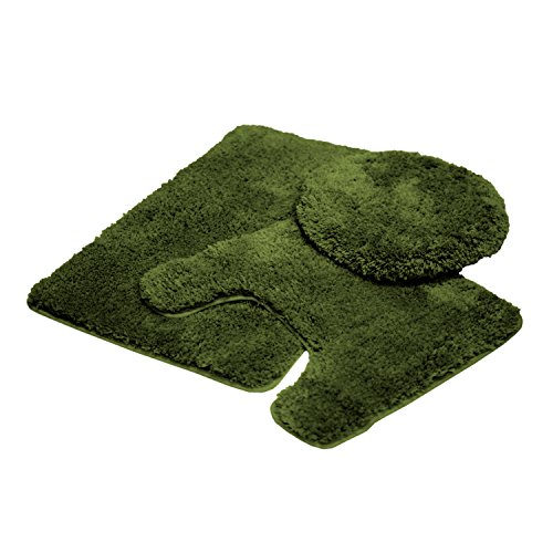 Mary 3 Piece Bathroom Rug Set, Luxury Soft Plush Shaggy Thick Fluffy Microfiber Bath Mat, Countour Rug, Toilet Seat Lid Cover, Non-Slip Rubber Back, Floor Mats Water Absorbent (Olive)