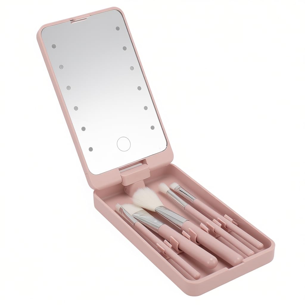 Travel Size Makeup Brushes Mini Set with Case, Light, Mirror, 5 Pcs Small Cosmetic Brushes, Brush Travel Essentials Kits for Women Girls, Foldable