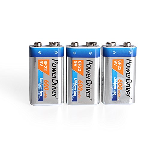 PowerDriver 600mAh 9V 6F22 Lithium-ion li-ion Low Self-discharge Rechargeable Batteries (Pack of 3)