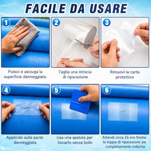 HuakChai Kit Riparazione Piscina, Nastro Impermeabile Subacqueo, Set di Toppe Autoadesive in PVC per Piscine (10x150 cm) con Forbici e Spatola, per Piscine Gonfiabili, Gommoni e Materassini ad Aria