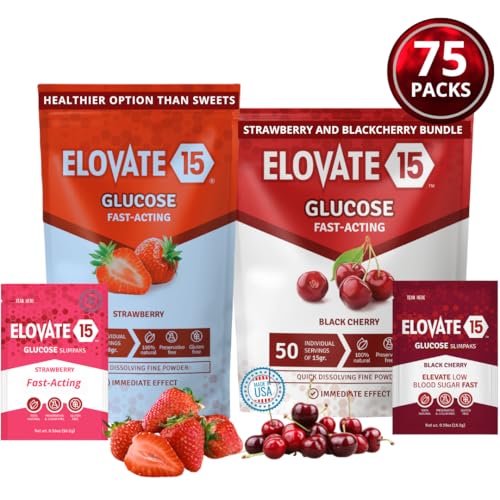 Elovate 15 Slimpaks Glucose Powder – Black Cherry & Strawberry Bundle – 75 Pack (Fast-Acting, Plant-Based, Individually Wrapped)