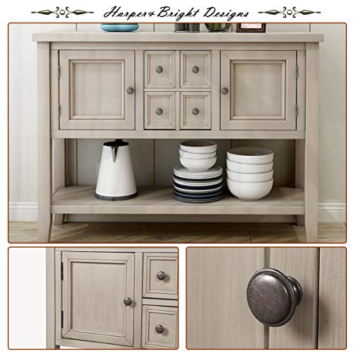 LOKESI Console Table Buffet Sideboard Sofa Table with 4 Storage Drawers Two Cabinets and Bottom Shelf (Antique Gray)