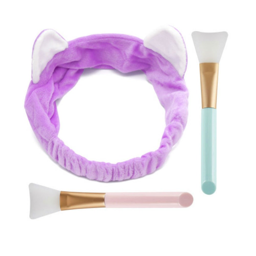 Aysekone DIY Facial Mask Tool Set:1pc Cute Purple Elastic Cat Ears Wash Hair Headband and 2pc Professional Silicone Facial Face Mask Brushes