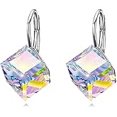 AOBOCO Sterling Silver Leverback Earrings Embellished with Crystals from Austria, Hypoallergenic 8mm Cube Crystal Square Earrings, Fine Anniversary Birthday Jewelry Gifts for Women