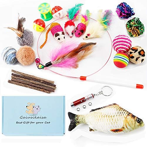 Cat Toys Variety Pack,Kitten Toys,23Pcs,Cat Teaser Wand,Interactive Feather Toy,Catnip Fish,Catnip Matatabi Chew Sticks,Cat Toys Interactive LED Light,Fluffy Mouse,Crinkle Balls Bells,Scratching Toys