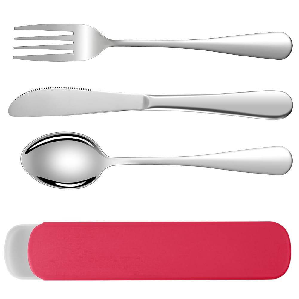 HOTUT 3 Pcs Travel Cutlery Set, Cutlery Set with Portable Pouch Case, Stainless Steel Flatware, Reusable, Portable Utensils for Home Outdoor Travel Picnic Office School Lunch Box, Red