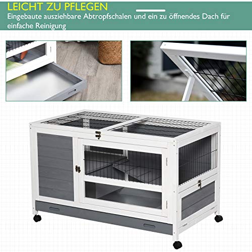 PawHut Kleintierstall mit Rädern Kleintierkäfig Doppelstöckiger Tierkäfig Tannenholz Grau+Weiß 102 x 60 x 63,5 cm – Bild 7