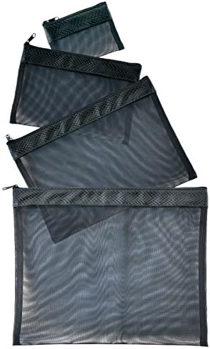 Multi Purpose 4 Piece Mesh Bag Set for Travel, Office Supplies, Cosmetic, Paper, Bill and Credit Card Bag (Solid Black)