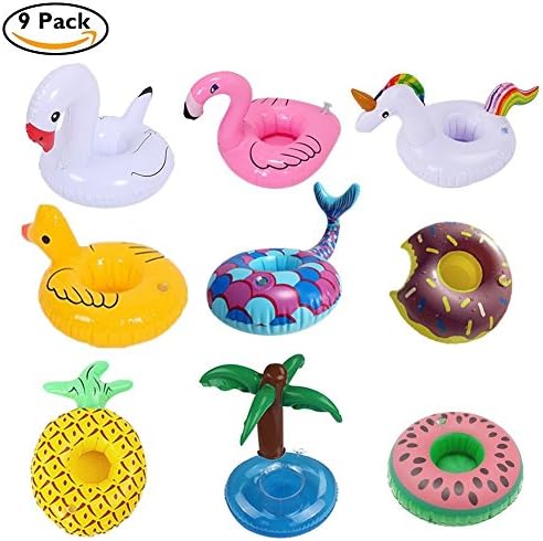 CQSM 9 Packs Pool Inflatable Drink Holder Cup Float Fruit Palm Unicorn Flamingo Swan Duck Pineapple Watermelon Doughnut Mermaid Floating Pool Cup Holders Coasters for Pool Swimming Party Water Fun