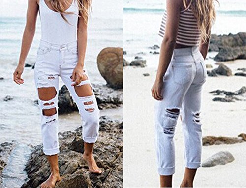 Happyear Women Hole Jeans High Waist Ripped Denim Skinny (S, White)