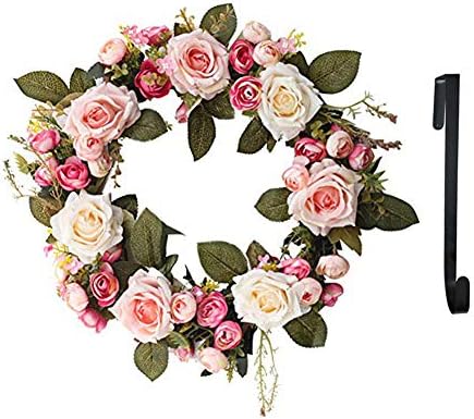 SunriseMall 13 Inch Artificial Flower Wreath, Handmade Floral Simulation Peony Flowers Garland Wreath, with 1 Wreath Hook, for Home Party Decor (13 Inch Rose)