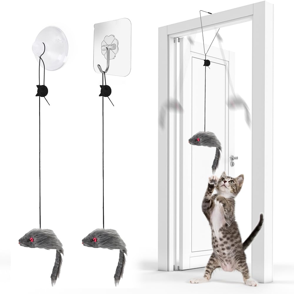 Photo 1 of FYNIGO 2 Pcs Self Play Hanging Door Cat Mouse Toys for Bored Indoor Adult Cats Kitten,Interactive Cat Mice Toys for Hunting Exercising Eliminating Boredom, for All Breeds