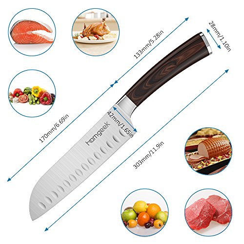 [- Homgeek Santokumesser Klingenlänge 17cm, Japanisches Kochmesser, Rostfreier Stahl Hackmesse
