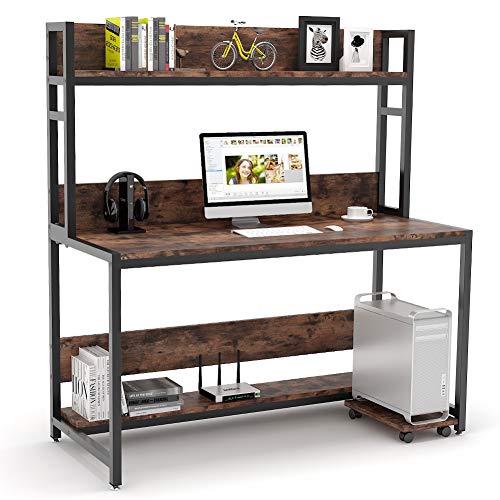 Tribesigns 55 Inches Large Computer Desk with Hutch, Modern Writing Desk with Bookshelf, PC Laptop Study Table Workstation for Home, Vintage + Black Legs