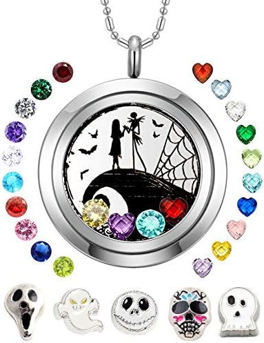 AZNECK 30mm Jack and Sally Nightmare Before Christmas Necklaces Halloween Locket Kids Floating Charms Pendant Gifts for Women Girls Men Boys Birthstone Jewelry
