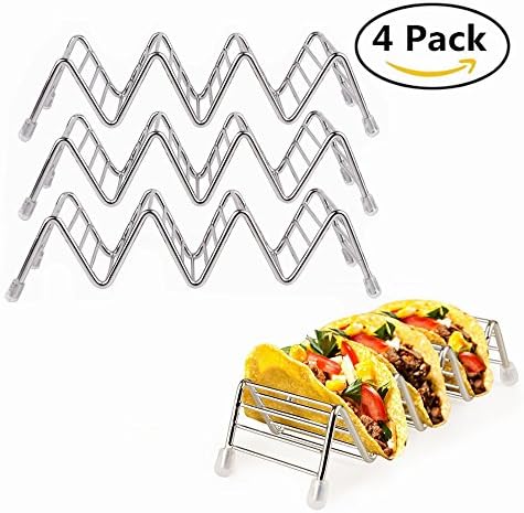 Taco Rack - Stainless Steel Taco Holder Taco Stand W Space Serving Tray For 3 or 4 Hard and Soft Shell for Baker Fun Meal Party Dishwasher Oven Grill Safe For Baking or Reheating 4 Pack