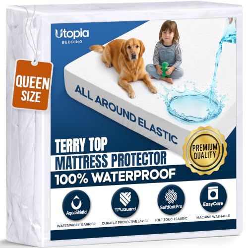 Utopia Bedding Waterproof Mattress Protector Queen Size, Premium Terry Mattress Cover 200 GSM, Breathable, Fitted Style with Stretchable Pockets (White)