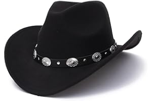 Black Cowboy Cowgirl Hat for Women Men Western Style Wide Brim Felt Fedora Panama Hat with Detachable Belt Buckle
