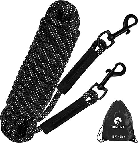 Taglory Canine Test Twine/Tie Out, Lengthy Rope Leash for Canine Coaching, 15/30/50/66 FT Reflective Heavy Obligation Lead for Massive Medium Small Canines Strolling, Tenting or Yard, Black/Orange