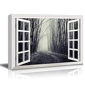 Modern White Window Looking Out Into a Dark Foggy Branch Forest - Canvas Art Home Art - 24x36 inches