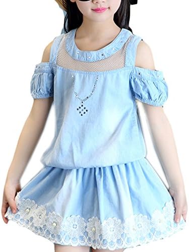 xiaoming Girl's Fashion Light Blue Off Shoulder Denim Swing Skirt Mesh Two Piece Dresses,4-5 Years Light Blue