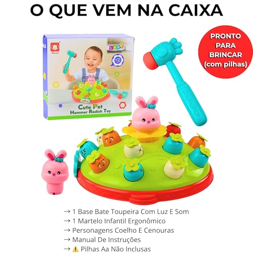 Bate Toupeira Infantil Eletrônico com Martelo — Luz e Som, Desenvolvimento Sensorial e Coordenação Motora, Para Crianças 3 a 6 Anos, Presente de Aniversário e Natal