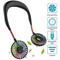Hand Free Mini USB Personal Fan - Rechargeable Portable Headphone Design Wearable Neckband Fan，3 Level Air Flow，7 LED Lights，360 Degree Free Rotation Perfect for Sports, Office and Outdoor (Black)