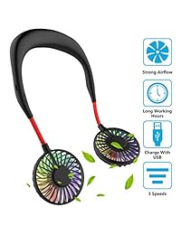Miniventilador personal USB manos libres, diseño de auriculares portátil recargable, ventilador de banda para el cuello, 3 niveles de flujo de aire, 7 luces LED, rotación libre de 360 grados, perfecto para deportes, oficina y al aire libre