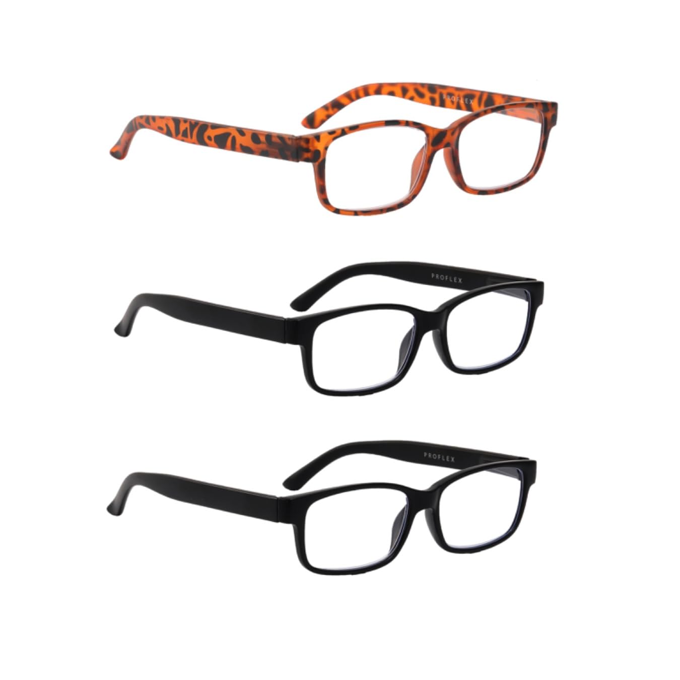 PROFLEX Safari (3 Pack) Reading Glasses - anti-headache, BluOptix blue light blocking, spring hinges, tough impact & scratch resistant, unisex (mens + womens), stylish (BLK, TS; +3.0)