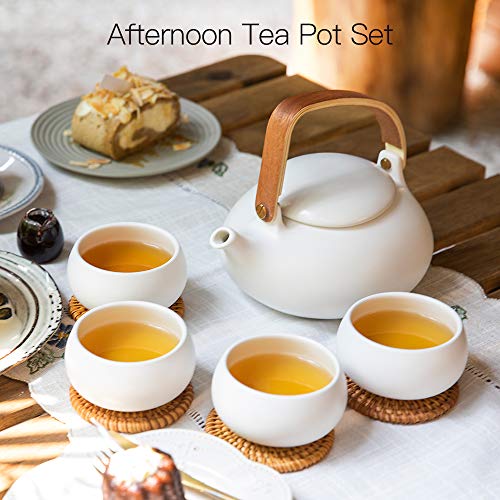 ZENS Japanische Teekanne mit Siebeinsatz, Modern 800ml Matte Weià Teeservice Keramik mit 4 Tassen und Rattan Untersetzer, Hanfseilgriff Teeservice für Losen Tee Stepper, Geschenk für Teeliebhaber – Bild 3