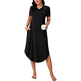 Rooscier Women's Short Sleeve Sleepshirt Button Nightshirt Full Length Sleepwear with Pockets
