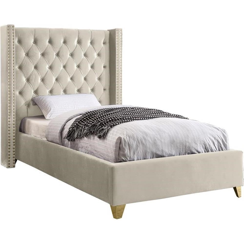Photo 1 of ***********ONLY THE HEADBOARD.****** Meridian Furniture Barolo Collection Modern | Contemporary Velvet Upholstered Wing Designed Bed with Deep Detailed Tufting, Gold Nailhead Trim and Legs, Twin, Cream  