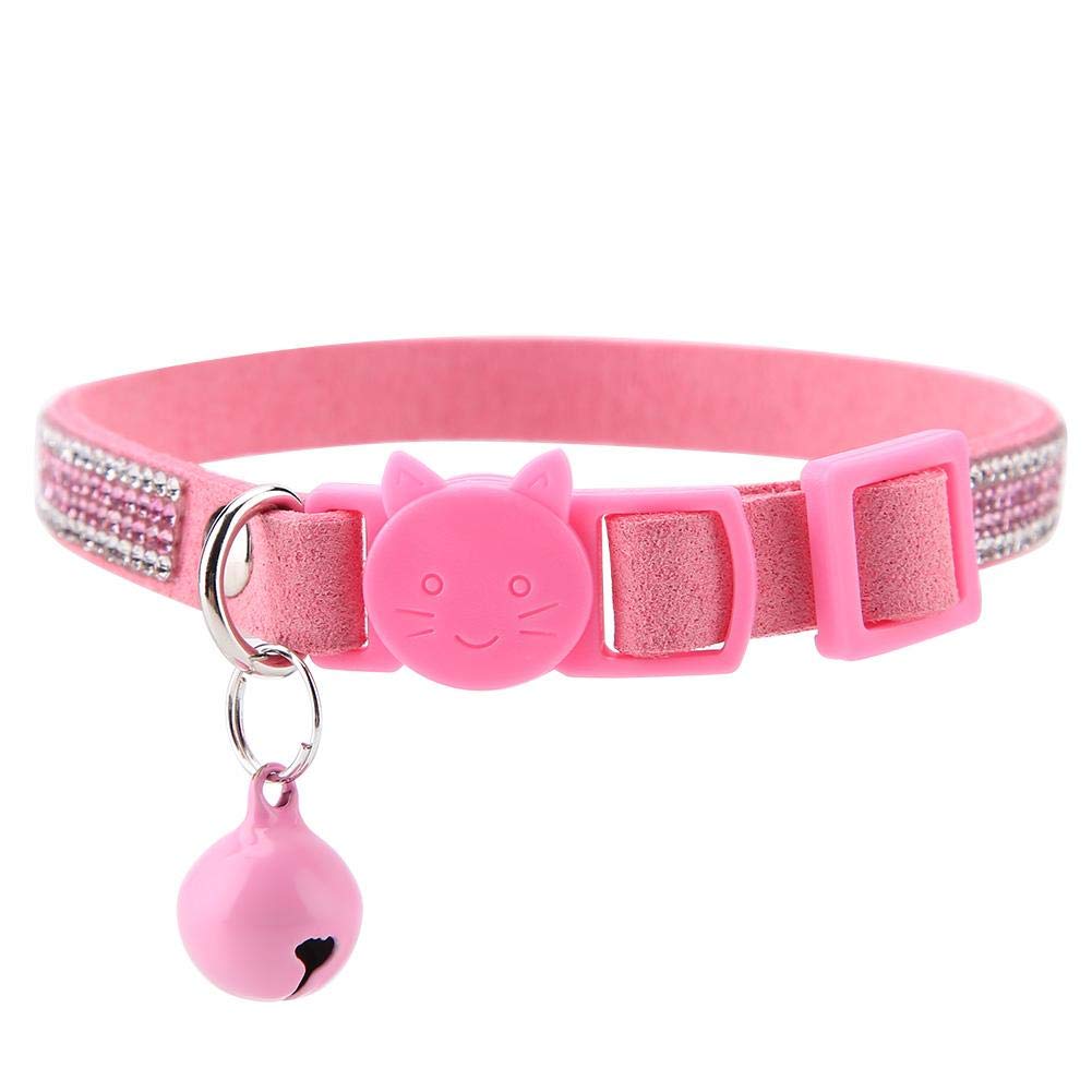 Breakaway Cat Collar with Bells, Pink Bling Diamante Reflective PU Leather Adjustable Safety Quick Release Buckle for Small Dogs Cats Party Photos Daily Wear