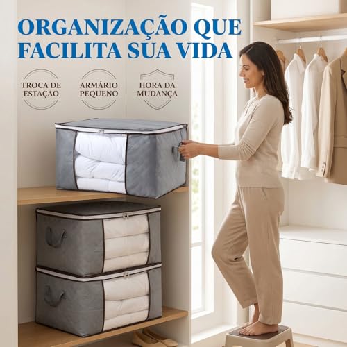 Kit 4 Sacos Bolsas Organizadoras Dobráveis Tecido Cinza com Zíper Total e Janela Frontal – Guarda Cobertores, Edredons e Roupas de Cama sem Amassar no Armário