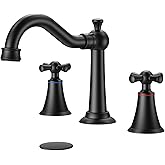 Hurran 8 Inch Widespread Bathroom Sink Faucet Matte Black, 3 Hole 2 Cross Handles Classic Vintage Antique Faucet with Metal Pop Up Drain and Supply Hoses for Vanity, RV, Farmhouse