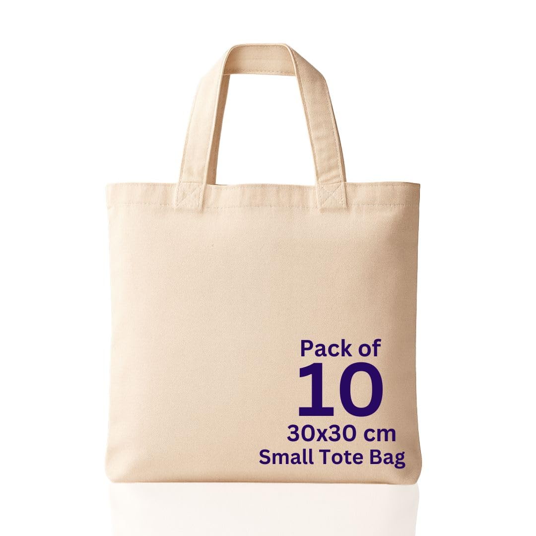 MINIMARG 100% Cotton Canvas Bags, Plain Tote Bags to Decorate, eco-friendly Canvas Reusable blank Tote Bags made with Premium Quality Fabric - Size 30x30cm+30cm Handle (Natural, Pack of 10)