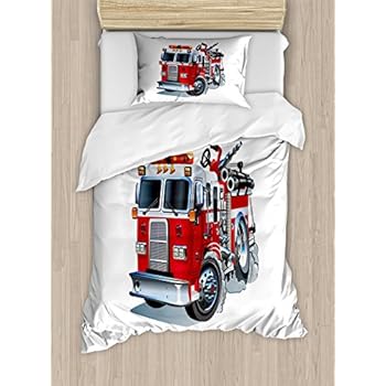 Ambesonne Truck Duvet Cover Set Twin Size, Fire Brigade Vehicle Emergency Aid for Public Firefighter Transportation Themed Lorry, Decorative 2 Piece Bedding Set with 1 Pillow Sham, Grey Red