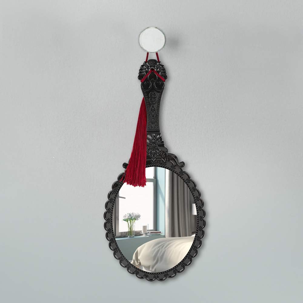 Yusong Vintage Handheld Mirror, Small Hand Held Decorative Mirrors for Face Makeup Embossed Flower Portable Antique Travel Personal Cosmetic Mirror with Powder Puff (Black): Furniture & Decor