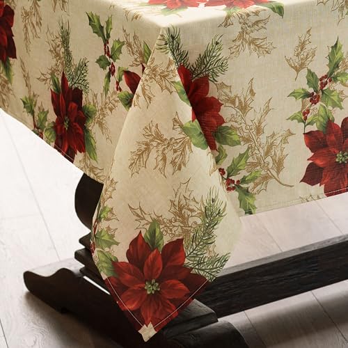Elrene Home Fashions Festive Poinsettia Holiday Fabric Tablecloth, Multi, 60x102 Rectangle Tablecloth