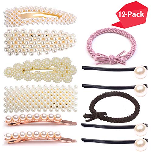 Pearls Hair Clips for Women Girls, Anysoso 12 pcs Large Bows/Clips/Hair Ties for Birthday Valentines Day Gifts Bling Hairpins Headwear Barrette Styling Tools Accessories - Thumbnail 7