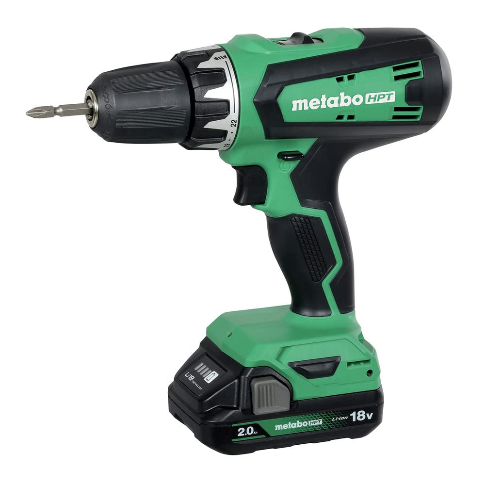 Metabo HPT 18V Cordless Drill Driver Kit, 1/2-Inch Keyless Chuck, Compact Power Drill Driver with 2.0Ah Lithium-Ion Metabo Battery, Charger and Bag, Powerful 470 in-lbs Torque, Two Speed Gear, DS18DFX