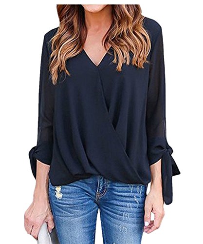 Shele Women V Neck Cross Wrap Tie Sleeve Chiffon Blouse