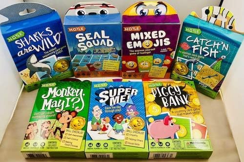 Hoyle Kids Card Games, Catch'n Fish, Piggy Bank, Sharks are Wild, Super Me, & Monkey May I, Seal Squad, & Mixed Emojis