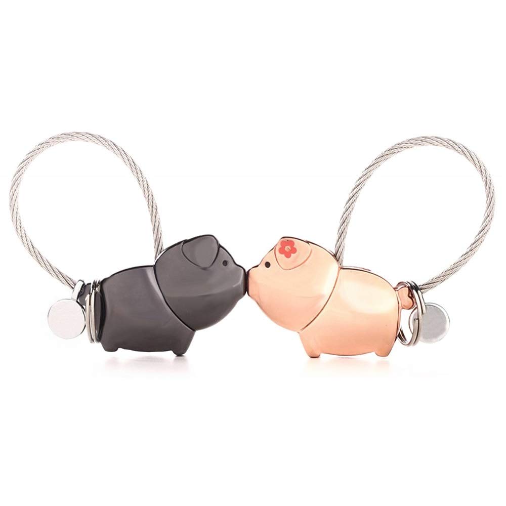 DOJoykey 1 Pair Magnetic Key Ring Kiss Pig for Couple Lovers Zinc Alloy Rose Gold, Beautiful Gift for Wedding, Valentine's Day, Birthday, Rose Gold, Black, Exquisite